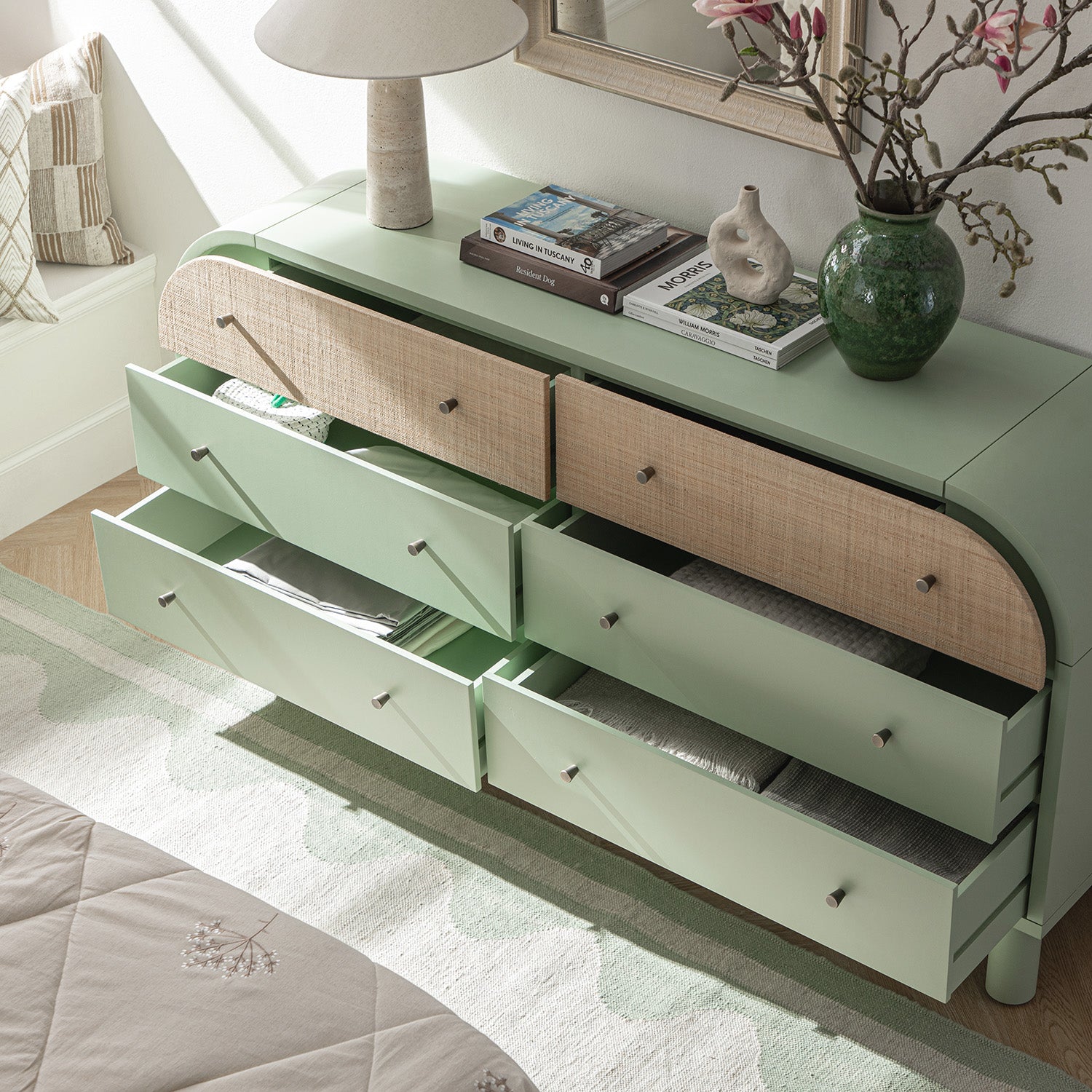 Maude Chest of 6 Drawers, Muted Pistachio Ash with Raffia