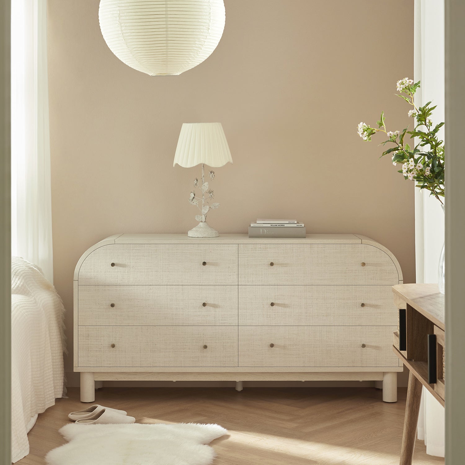 Maude Chest of 6 Drawers, Washed White Ash with Raffia