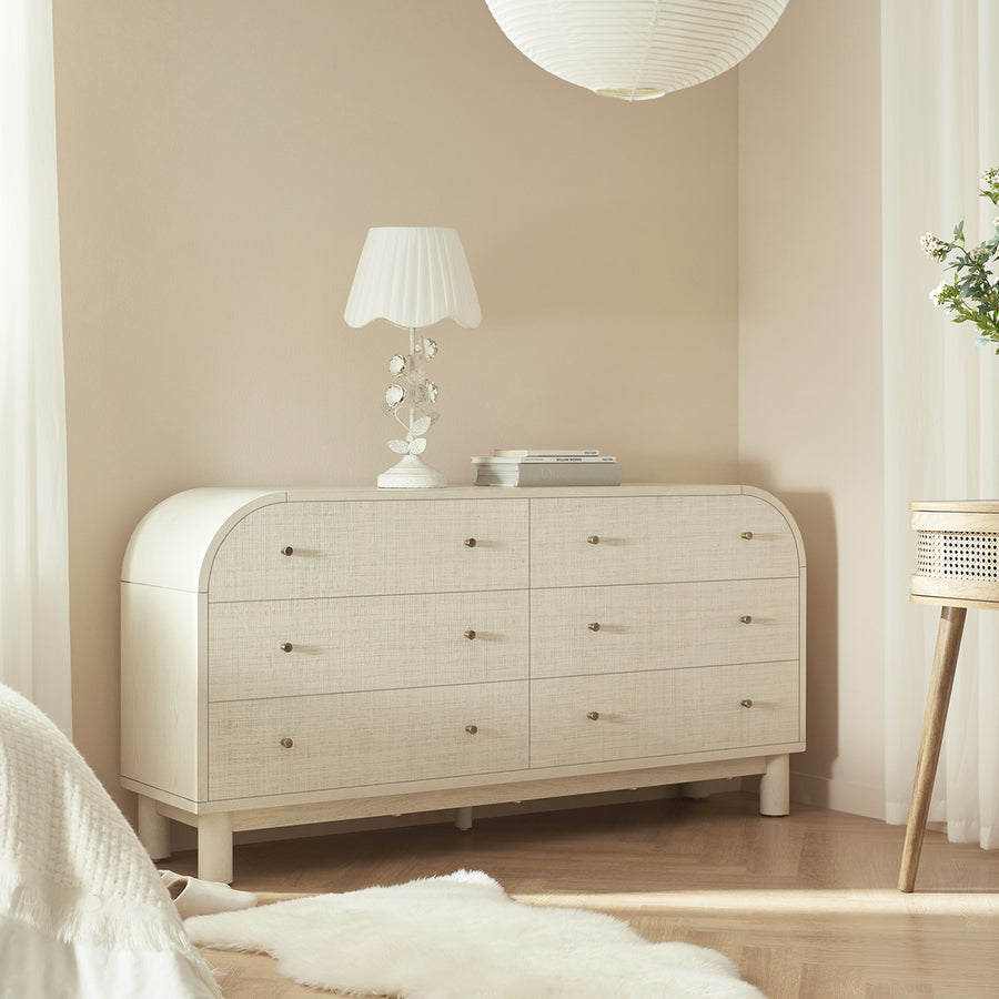 Maude Chest of 6 Drawers, Washed White Ash with Raffia