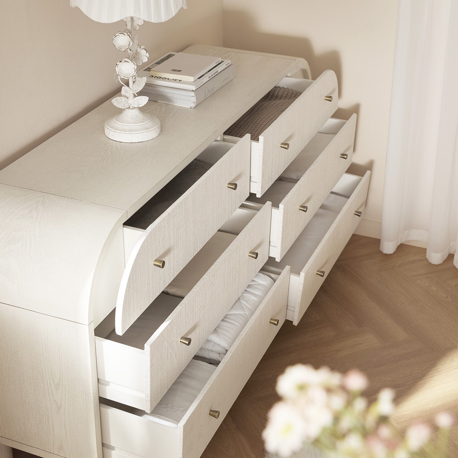 Maude Chest of 6 Drawers, Washed White Ash with Raffia