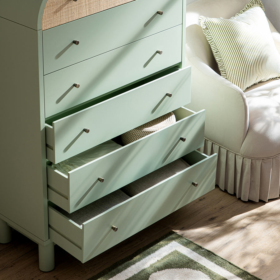 Maude Tall Chest, Muted Pistachio Ash with Raffia