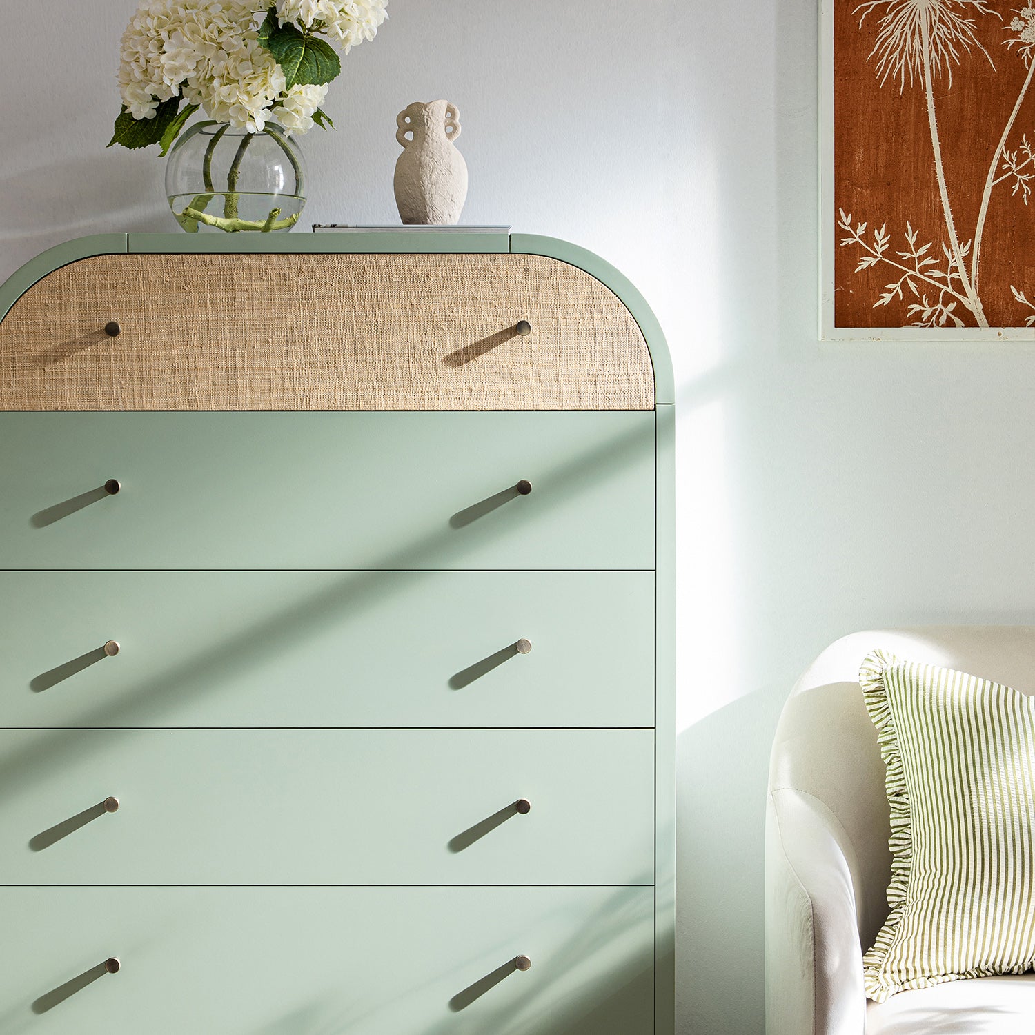 Maude Tall Chest, Muted Pistachio Ash with Raffia