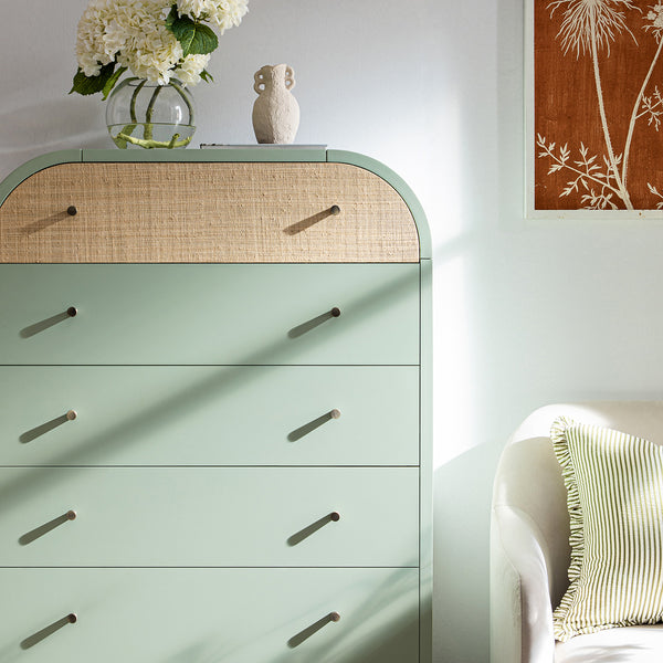 Maude Tall Chest, Muted Pistachio Ash with Raffia