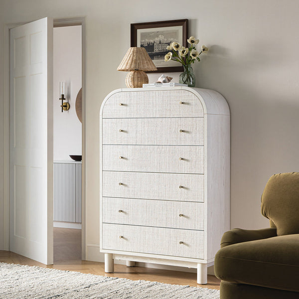 Maude Tall Chest, Washed White Ash with Raffia