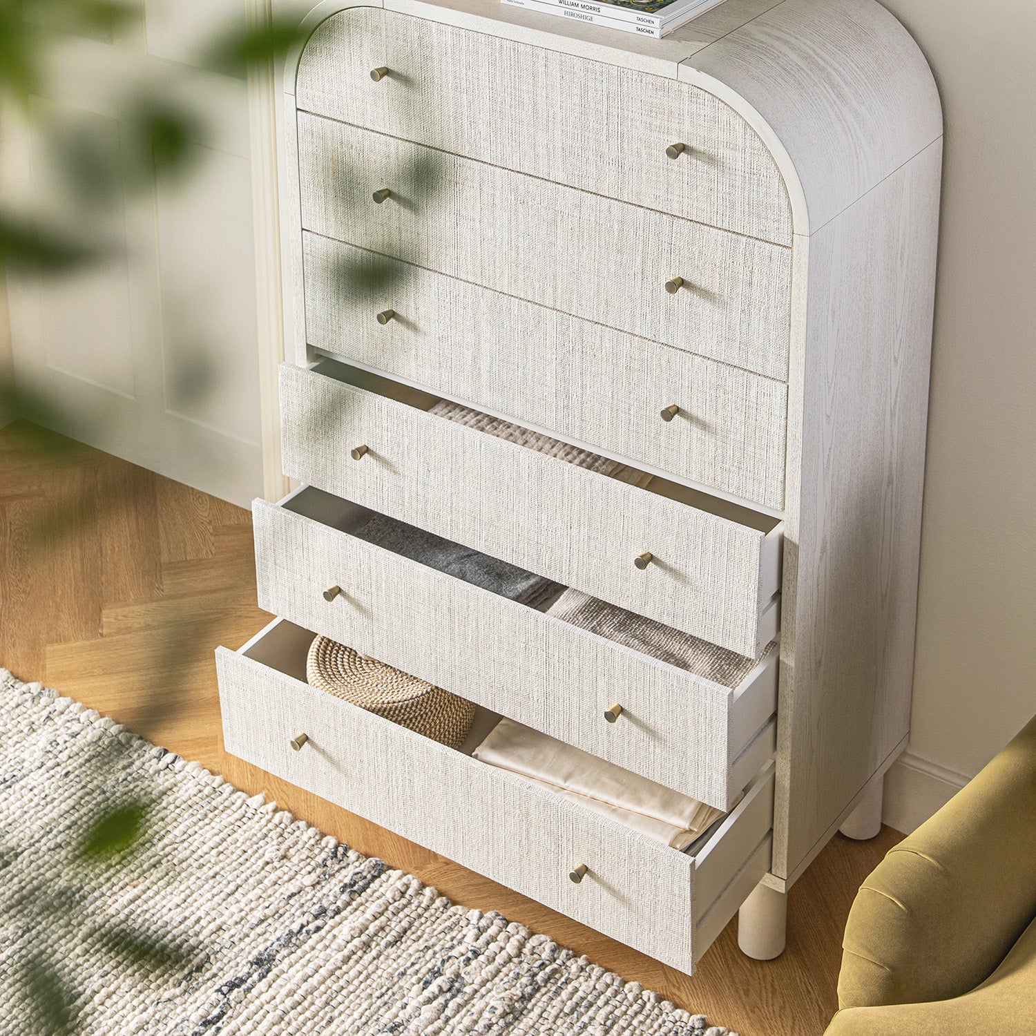 Maude Tall Chest, Washed White Ash with Raffia