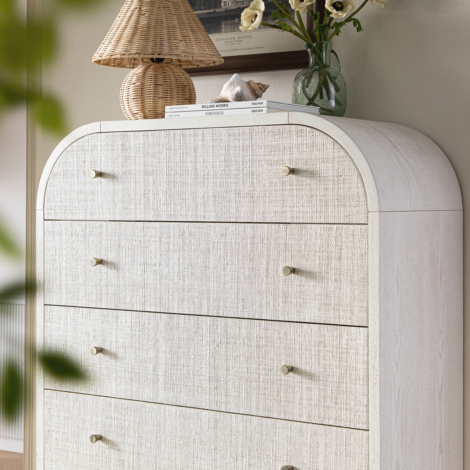Maude Tall Chest, Washed White Ash with Raffia