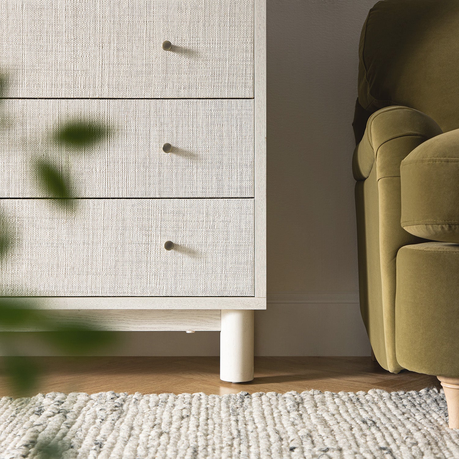 Maude Tall Chest, Washed White Ash with Raffia