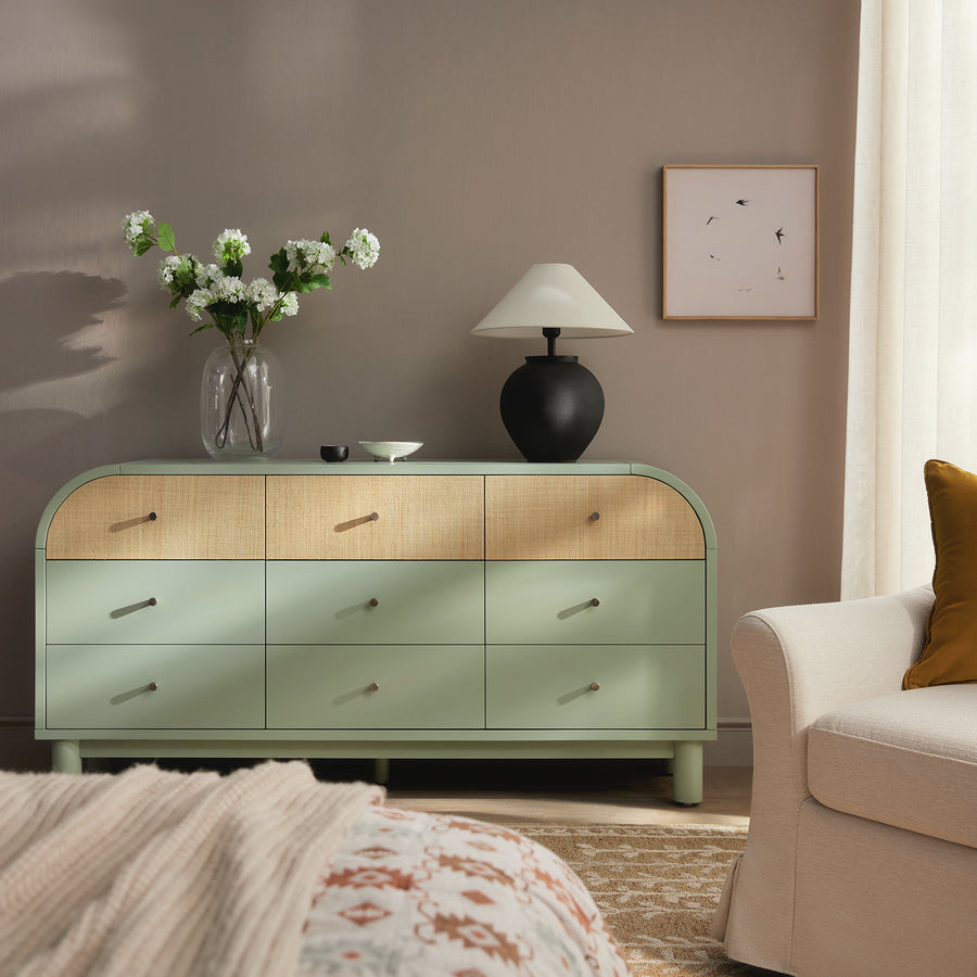 Maude 9 Drawer Chest, Muted Pistachio Ash with Raffia