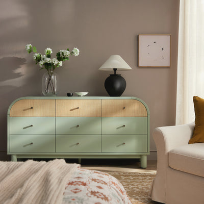 Maude 9 Drawer Chest, Muted Pistachio Ash with Raffia