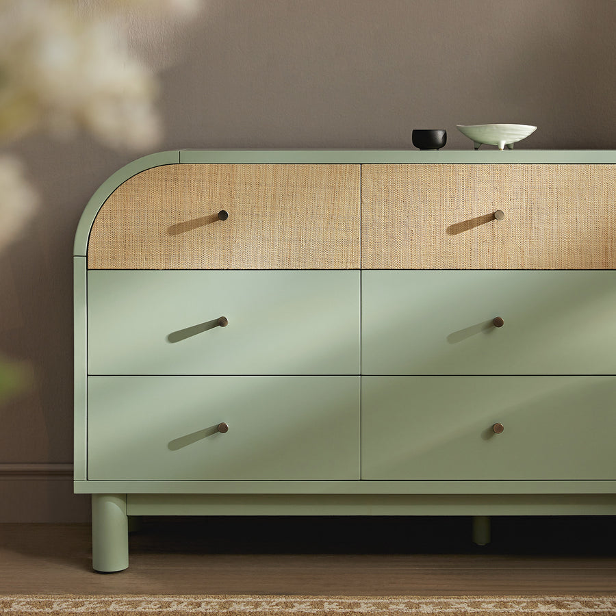 Maude 9 Drawer Chest, Muted Pistachio Ash with Raffia