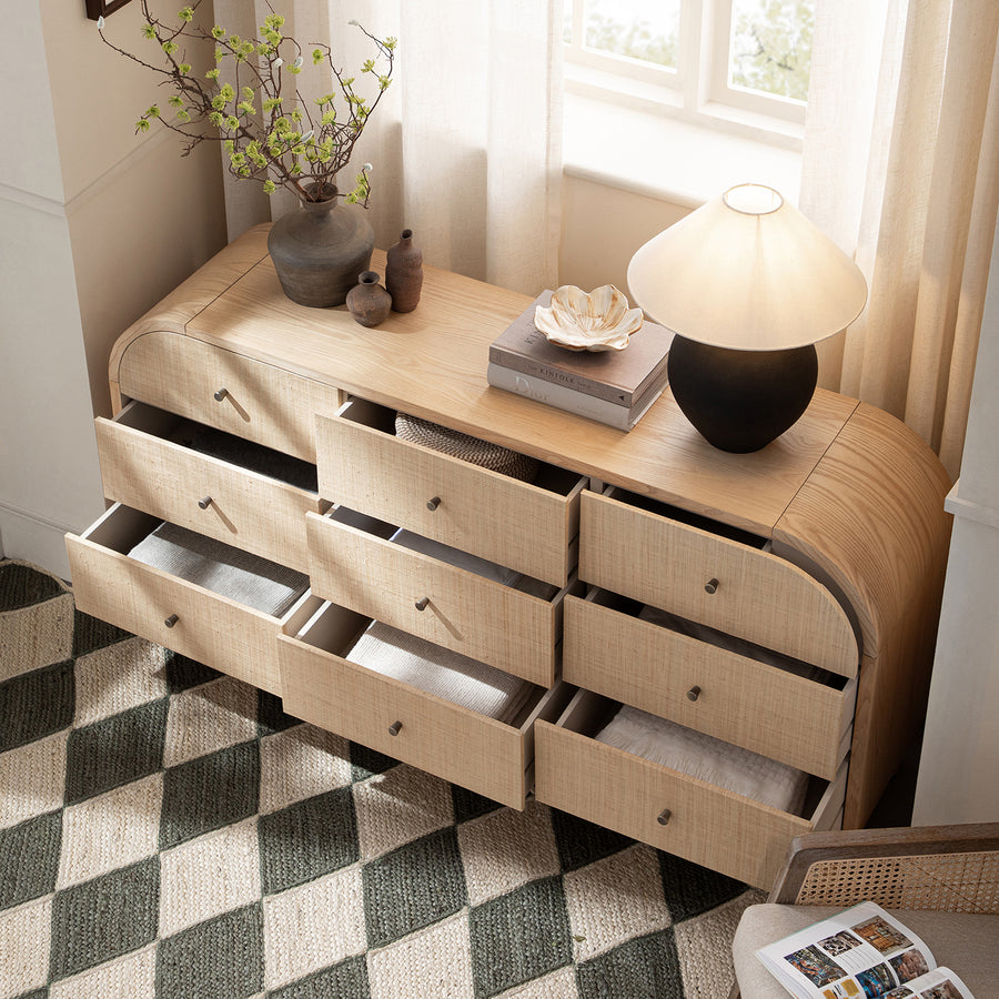 Maude 9 Drawer Chest, Natural Ash with Raffia