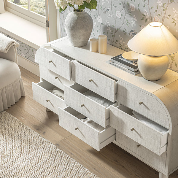 Maude 9 Drawer Chest, Washed White Ash with Raffia