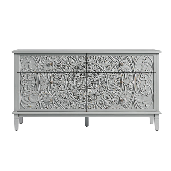Chantilly Mid Grey Carved Wide 6 Drawer Chest