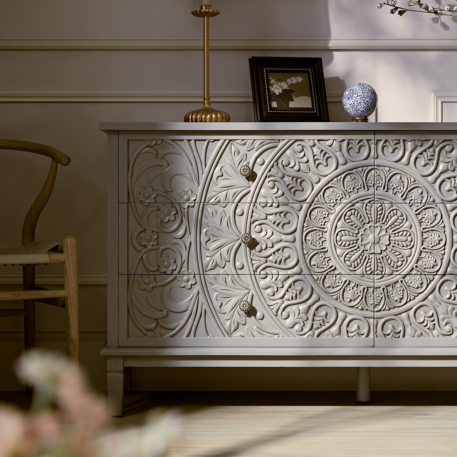 Chantilly Mid Grey Carved Wide 6 Drawer Chest