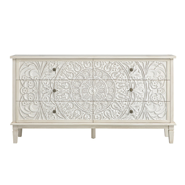 Chantilly Whitewashed Carved Wide 6 Drawer Chest