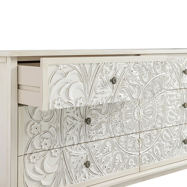 Chantilly Whitewashed Carved Wide 6 Drawer Chest