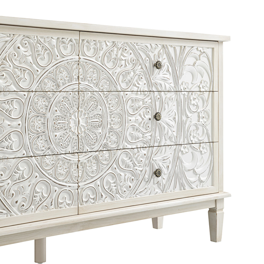 Chantilly Whitewashed Carved Wide 6 Drawer Chest
