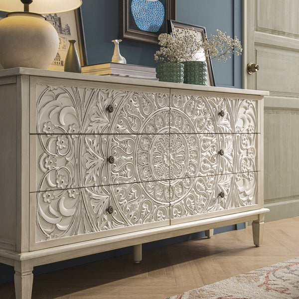 Chantilly Whitewashed Carved Wide 6 Drawer Chest