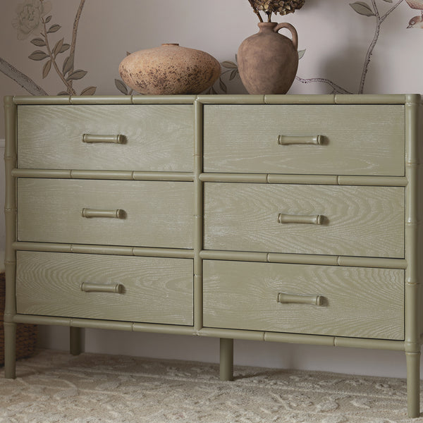 Elstowe Faux Bamboo 6-Drawer Chest, Sage Green