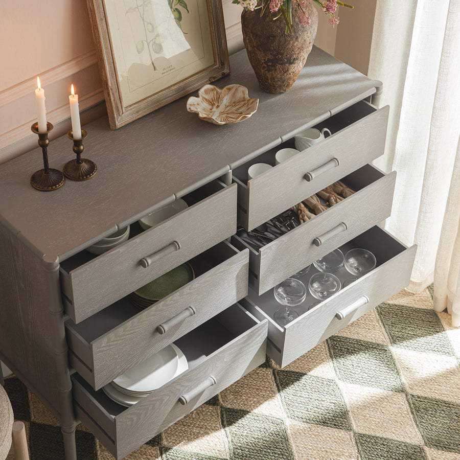 Elstowe Faux Bamboo 6-Drawer Chest, Warm Grey