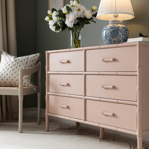 Elstowe Faux Bamboo 6-Drawer Chest, Nude Pink