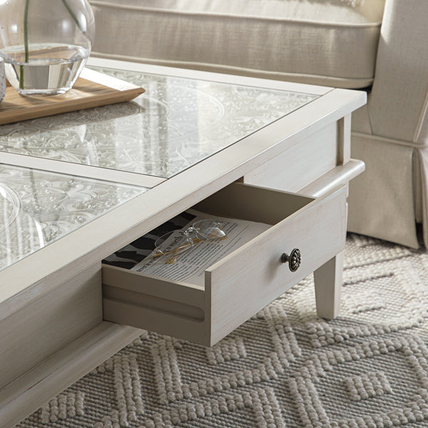Chantilly Whitewashed Coffee Table with Drawers
