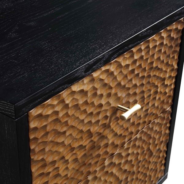 Bianca Chip Carved Bedside Table, Antique Bronze & Black