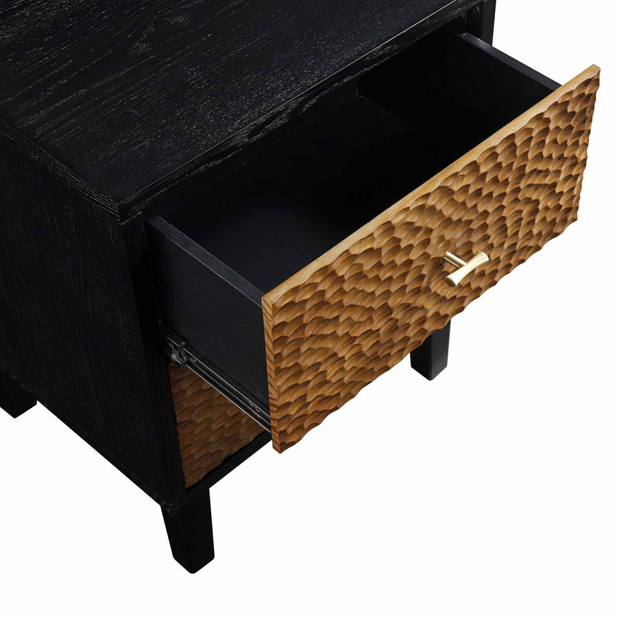 Bianca Chip Carved Bedside Table, Antique Bronze & Black