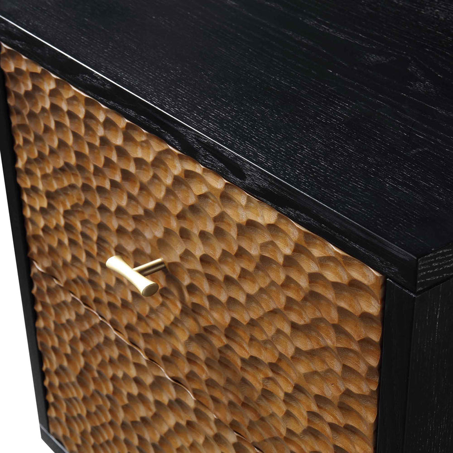 Bianca Chip Carved Bedside Table, Antique Bronze & Black