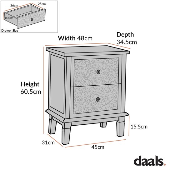 Chantilly Mid Grey Carved 2 Drawer Bedside Table