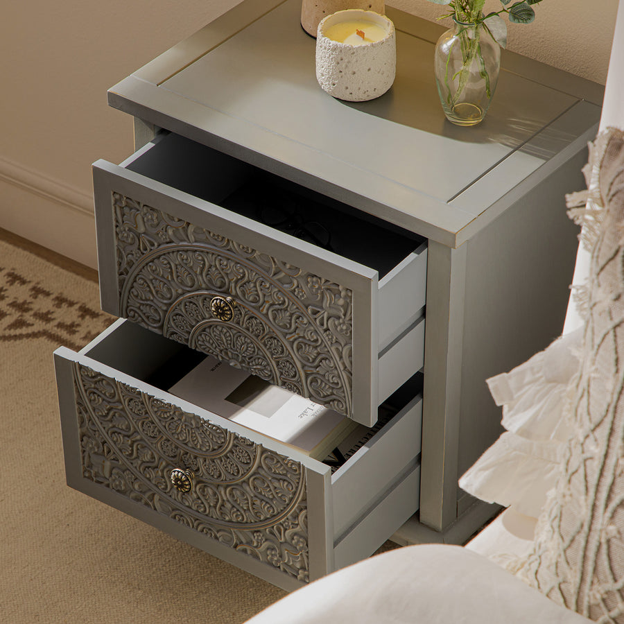 Chantilly Mid Grey Carved 2 Drawer Bedside Table