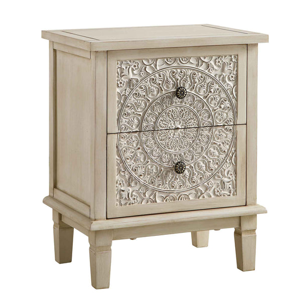 Chantilly Whitewashed Carved 2 Drawer Bedside Table