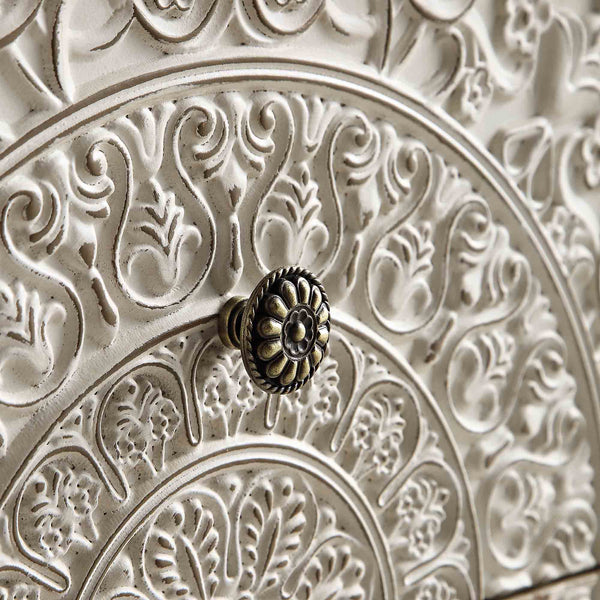Chantilly Whitewashed Carved 2 Drawer Bedside Table