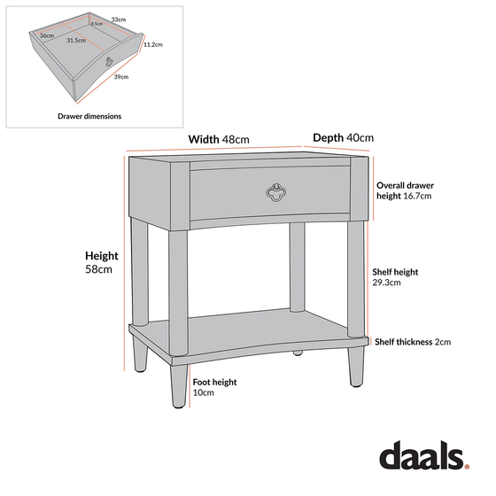 Thalia Concave 1 Drawer Bedside Table, Washed White