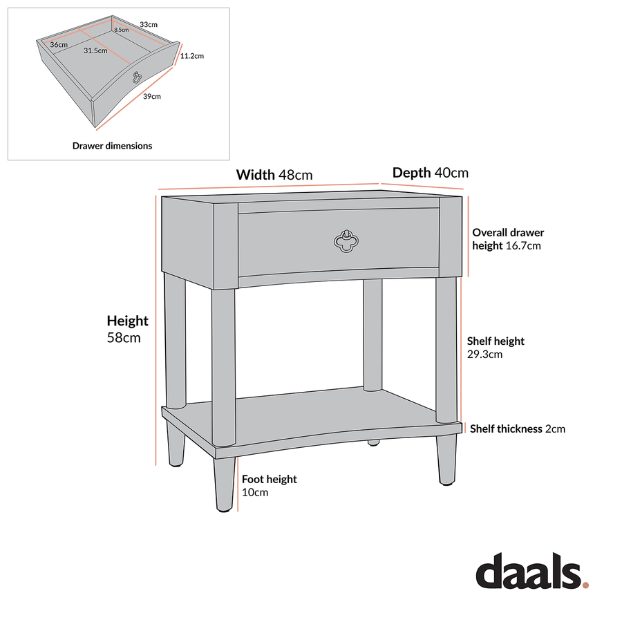Thalia Concave 1 Drawer Bedside Table, Washed White