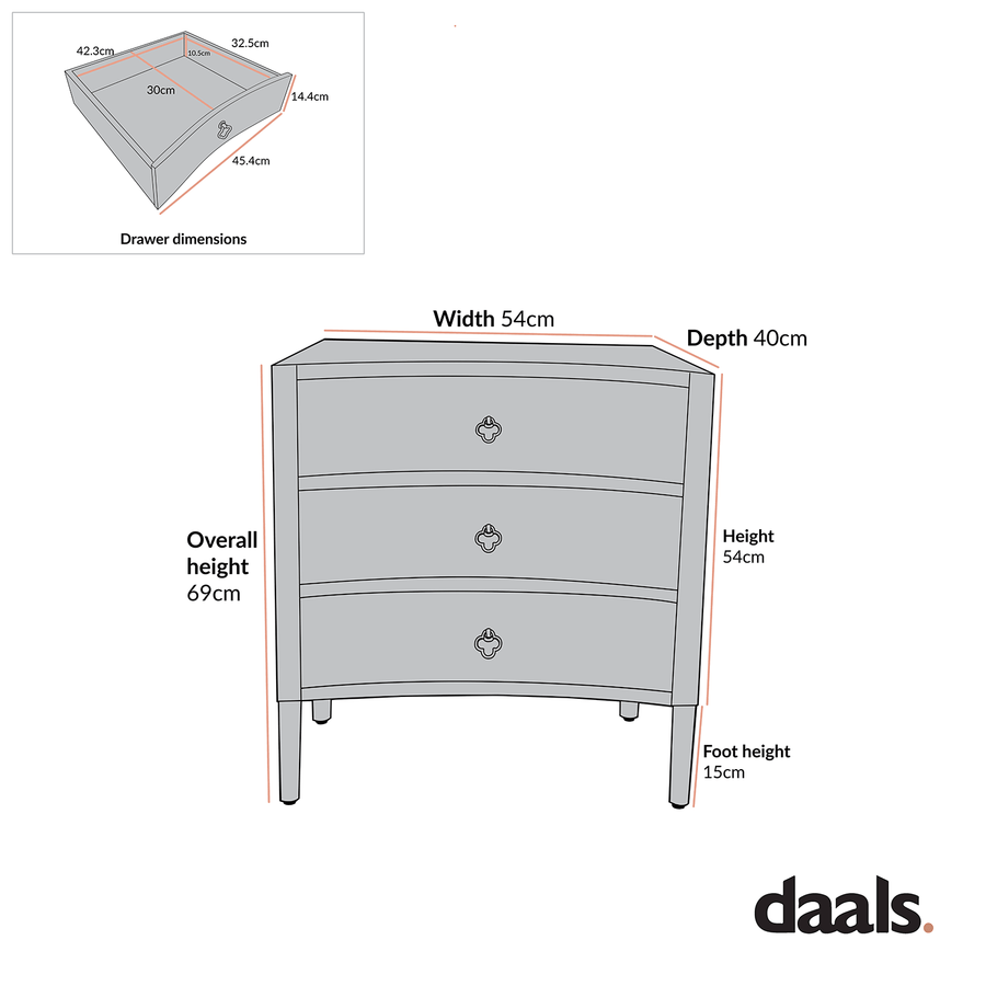 Thalia Concave 3 Drawer Bedside Table, Washed White