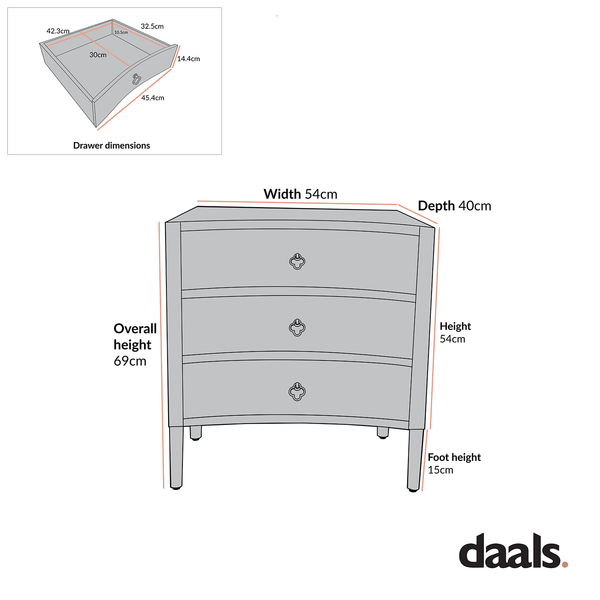 Thalia Concave 3 Drawer Bedside Table, Washed White