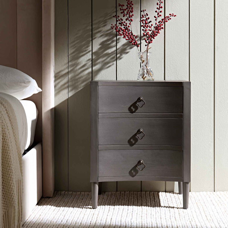 Thalia Concave 3 Drawer Bedside Table, Silver Oak - daals