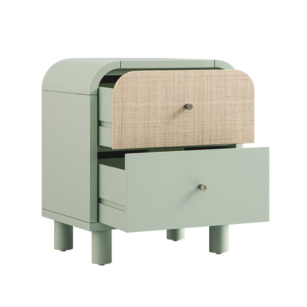 Maude 2 Drawer Bedside Table, Muted Pistachio Ash with Raffia