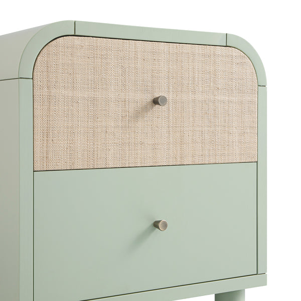 Maude 2 Drawer Bedside Table, Muted Pistachio Ash with Raffia
