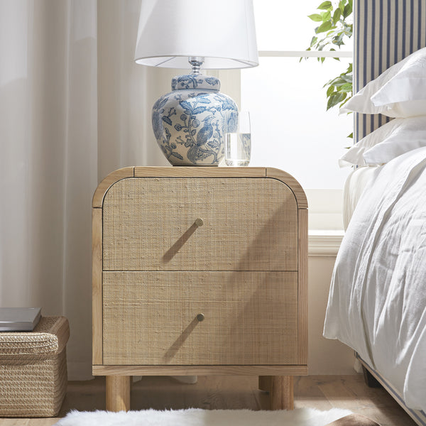 Maude 2 Drawer Bedside Table, Natural Ash with Raffia