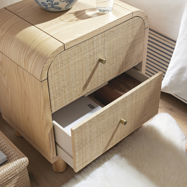 Maude 2 Drawer Bedside Table, Natural Ash with Raffia