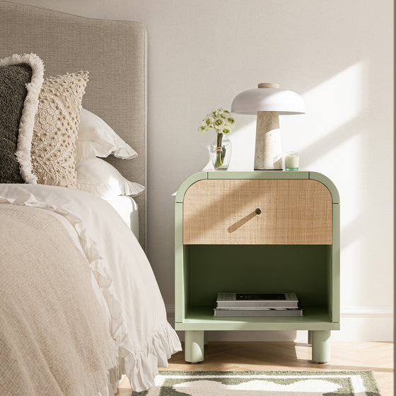 Maude 1 Drawer Bedside Table, Muted Pistachio Ash with Raffia