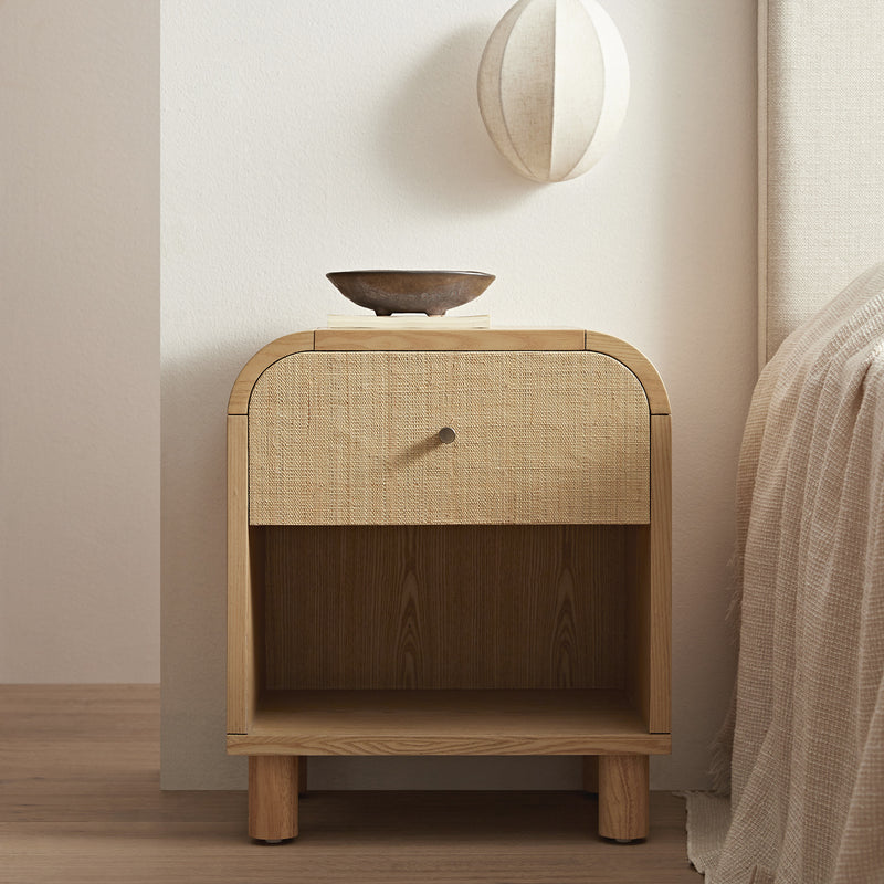 Maude 1 Drawer Bedside Table, Natural Ash with Raffia