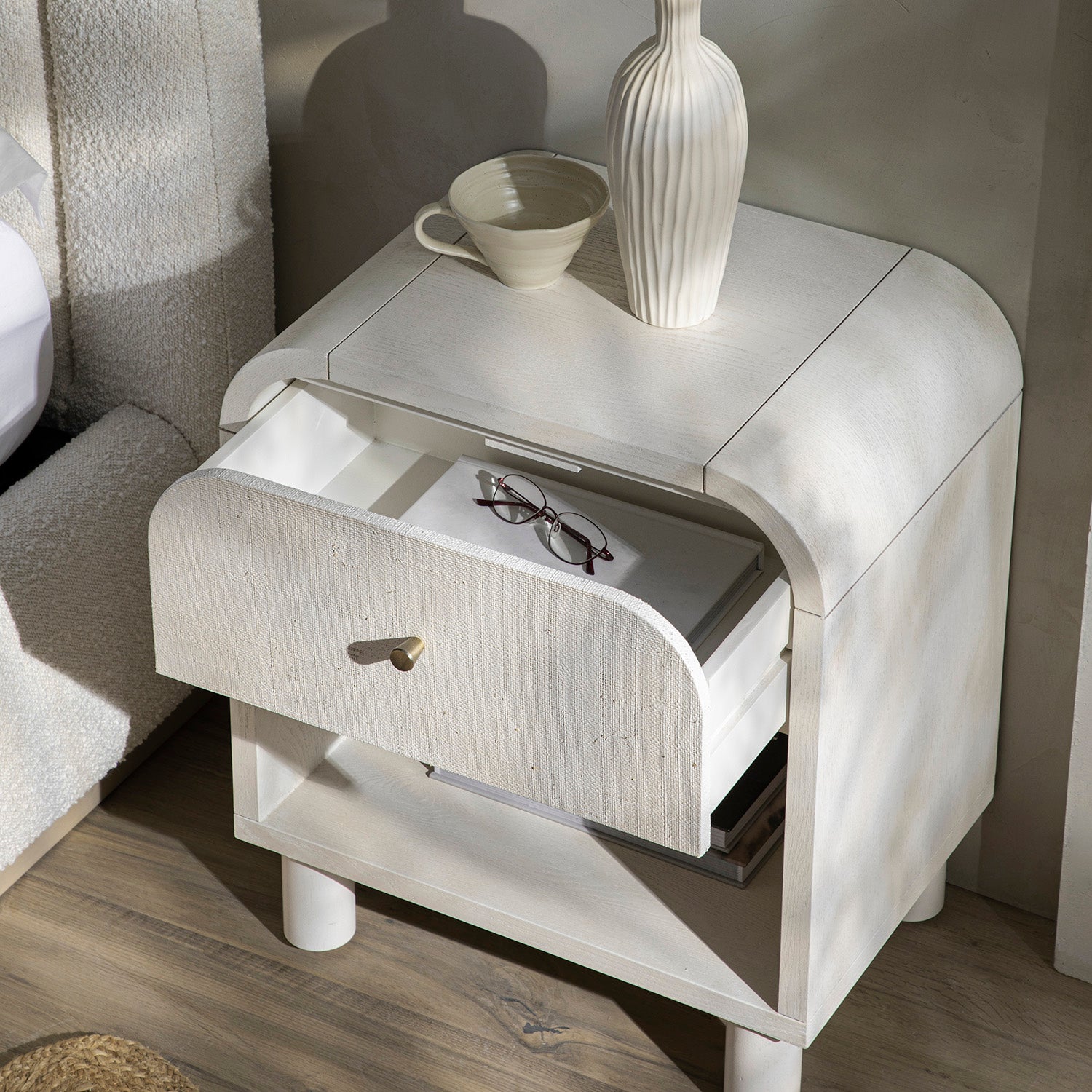 Maude 1 Drawer Bedside Table, Washed White Ash with Raffia