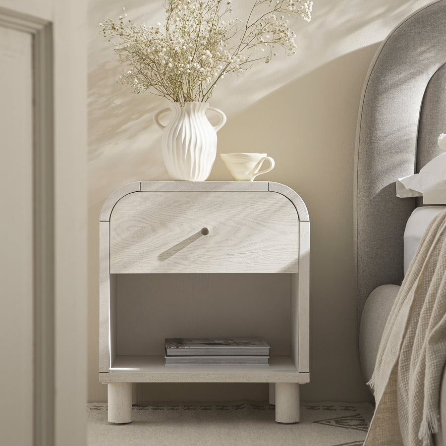 Maude 1 Drawer Bedside Table, Washed White Ash