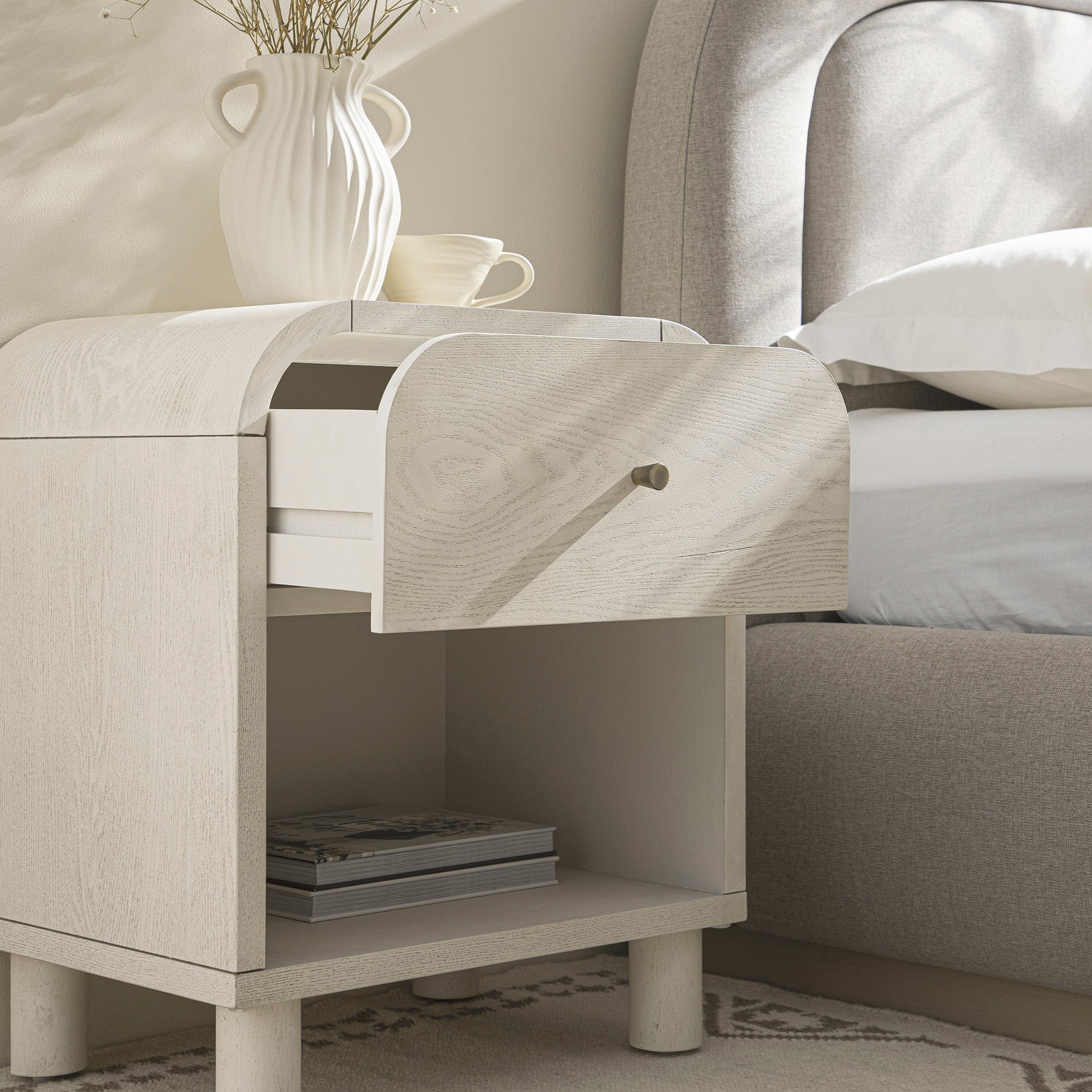 Maude 1 Drawer Bedside Table, Washed White Ash