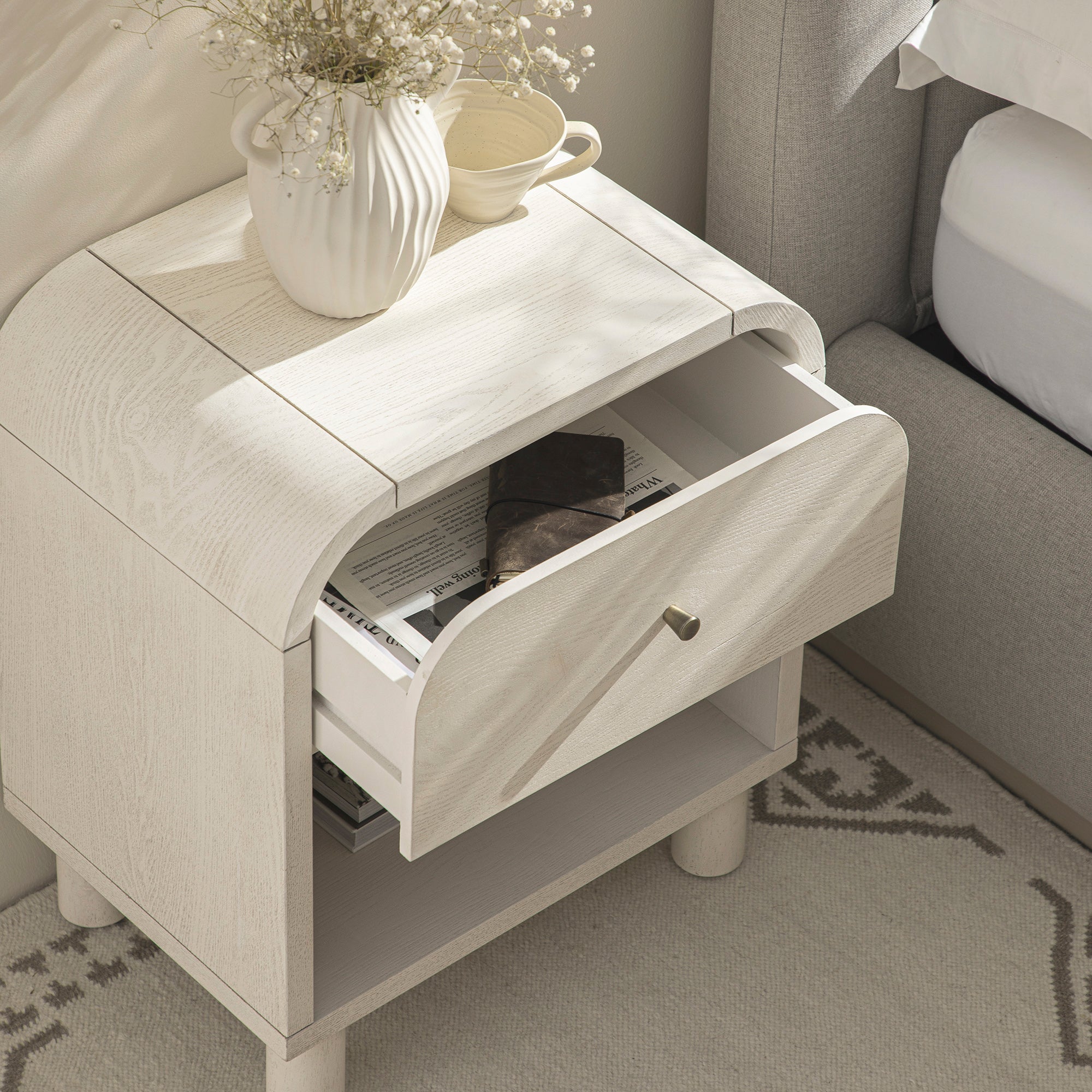 Maude 1 Drawer Bedside Table, Washed White Ash