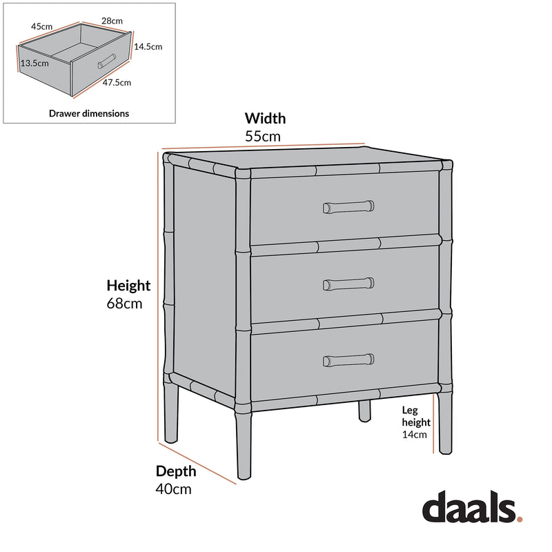 Elstowe Faux Bamboo 3-Drawer Bedside Table, Nude Pink