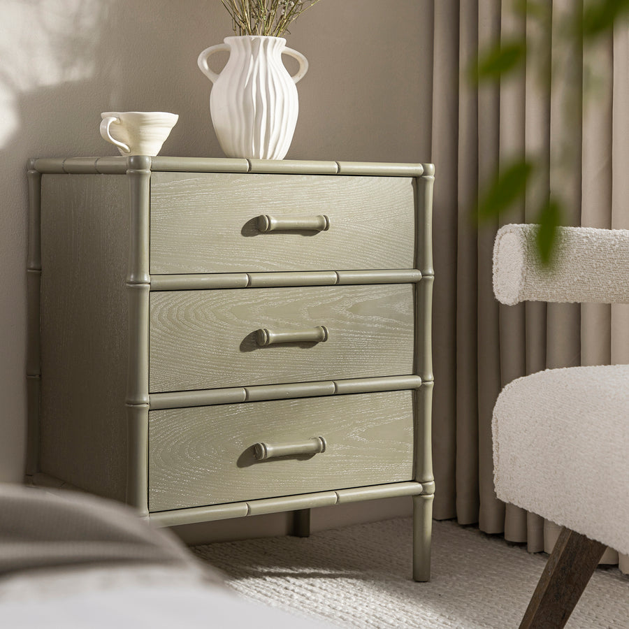 Elstowe Faux Bamboo 3-Drawer Bedside Table, Sage Green